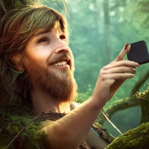 Image similar to human druid in the woods taking a selfie smiling, beautiful light, mountains, nature, animals, nature magic, fantasy book, d & d, high detail, 8 k, octane render painting, dark fantasy