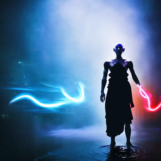 Prompt: cyborg monk water dance supreme water fist, detailed animal form water, fighting stance energy, shibuya prefecture, cinematic neon uplighting, fog mist smoke, photorealistic, night photography by tomino - sama