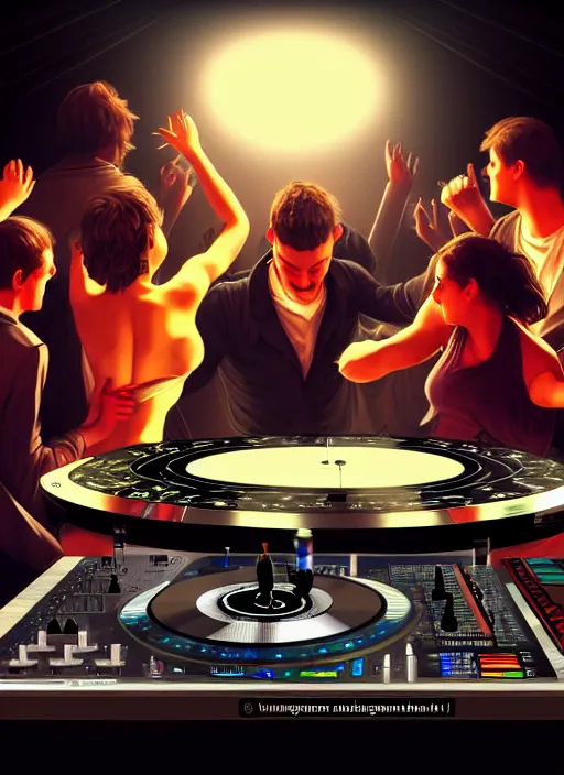 Image similar to image of group of people very drunk dancing chaotic and large technics dj table front of picture, dark backround, spotlights, highly detailed, digital illustration, trending in artstation, modern painting, smooth, sharp focus, intricate, einar jonsson and bouguereau