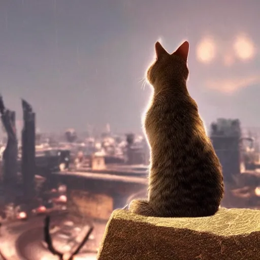 Image similar to a cat is sitting on a rock and looks at a total fallout city, while it is radioactive raining and a wild ghoul is coming nearby