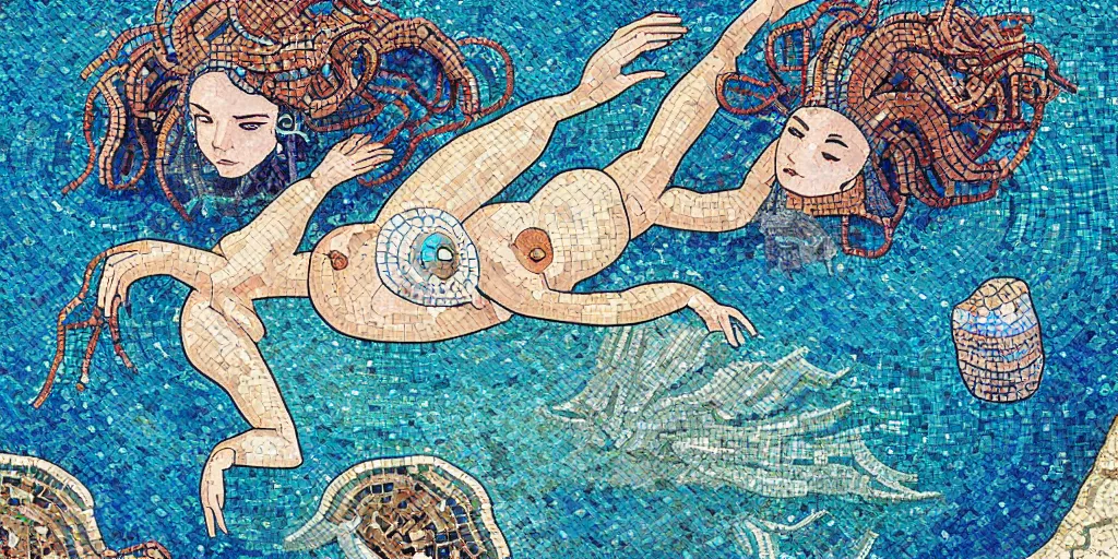 Image similar to ancient roman mosaic of bluehair mermaid with a shell bikini on sea floor, low ceiling, illustration by moebius, victo ngai, josan gonzales, katsuhiro otomo, clean thick line