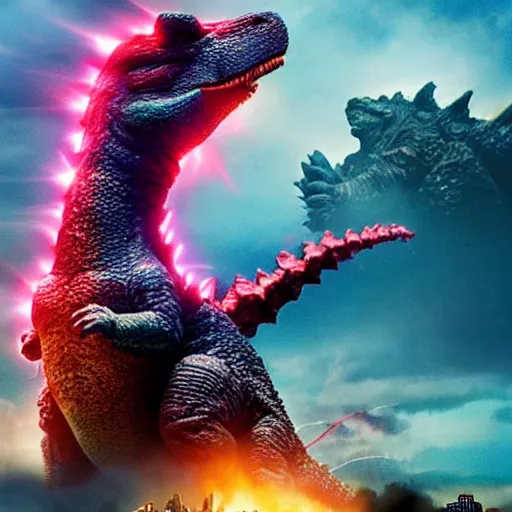 Image similar to barney the dinosaur stars in the new godzilla movie as godzilla, shooting lasers from his mouth at tokyo city, movie poster, blockbuster film, promotional