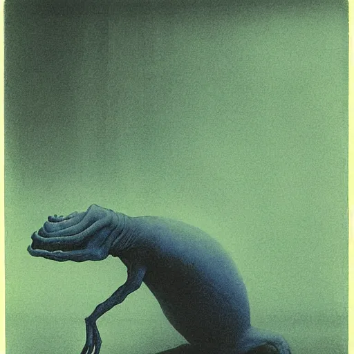 Image similar to a cyanotype of a strange creature crawling on the ceiling of the living room by zdzisław beksinski