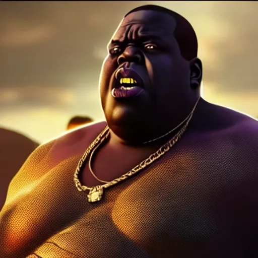 Image similar to Still of the Notorious BIG as Thanos in Avengers: Infinity War (2018), epic moment, trending on ArtStation