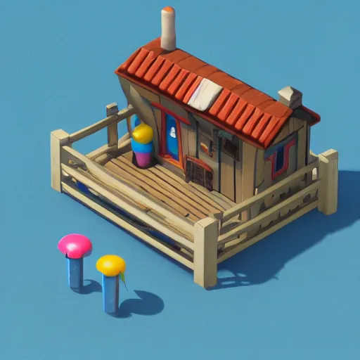 Prompt: small cute mobile game house, 1 0 0 mm, 3 d render, isometric, diorama, blue background,