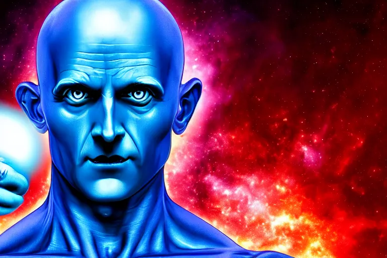 Image similar to dr Manhattan many armed Hindu creator destroyer god controls every atom in the galaxy, selective color effect, cinematic, wide angle cinematography, yin Yang, 8k wallpaper