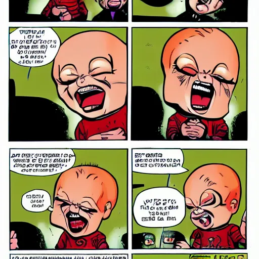 Image similar to screaming chucky doll in a comic strip with george rr martin