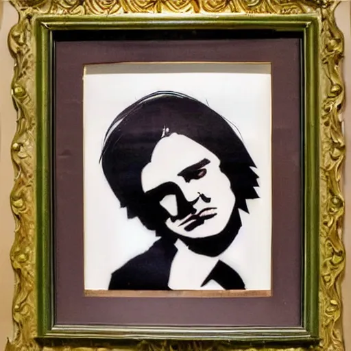 Image similar to young man, long hair!!!!, clean shaven, dark green eyes, long eyelashes, dark eyebrows, light widows peak, light facial hair, in the style of banksy, in frame