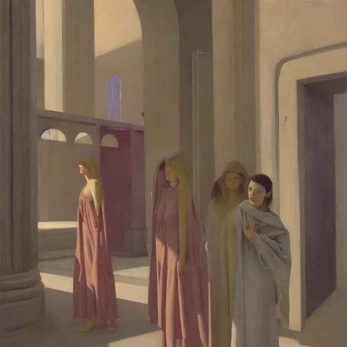 Image similar to woman in translucent robes, short skirt, in magnificent shopping mall, oil painting by edward hopper, zdislav beksinski, wayne barlowe