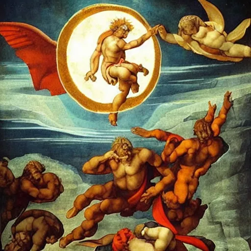 Prompt: fantasy art by michelangelo : : he opened the sixth seal, and behold, there was a great earthquake. the sun became sackcloth. the moon became blood. and the seas boiled. and the skies fell. judgment day.