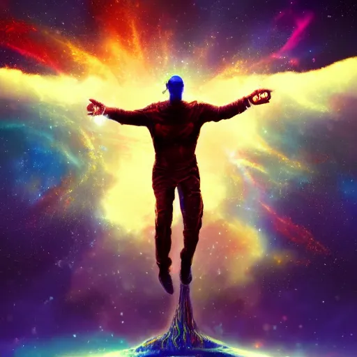 Prompt: digital painting of a man ascending to galactical bliss, stars and nebulas behind, dynamic lighting, cinematic shot, concept art, sci - fi, fantasy, artstation