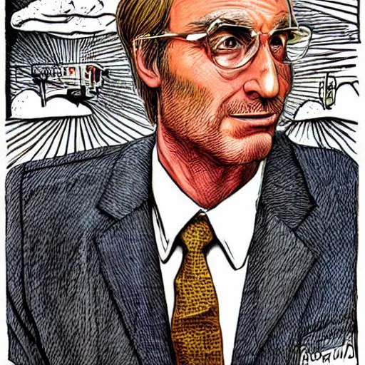 Image similar to The Artwork of R. Crumb and his Cheap Suit Saul-Goodman-Better-Call-Saul, pencil and colored marker artwork, trailer-trash lifestyle