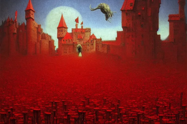 Image similar to only with red, red eyes, a red tiger, a castle in the background, medieval demons dance over the flowers, an ancient path, in the style of beksinski, part by hopper, part by rodcenko, part by hofbauer, intricate composition, red by caravaggio, insanely quality, highly detailed, masterpiece, red light, artstation