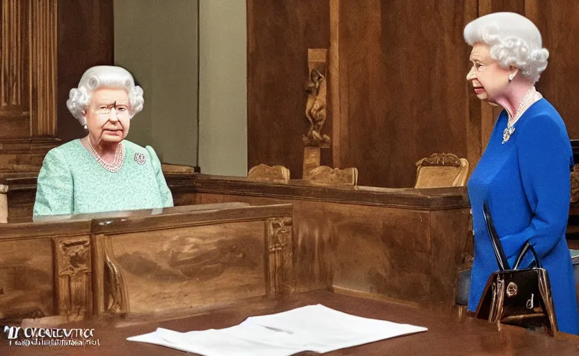 Image similar to photo of Queen Elizabeth in the court room being arrested, sitting at the table, highly detailed, high quality, HD, 4k, 8k, Canon 300mm, professional photographer, 40mp, lifelike, top-rated, award winning, realistic, sharp, no blur, edited, corrected, trending