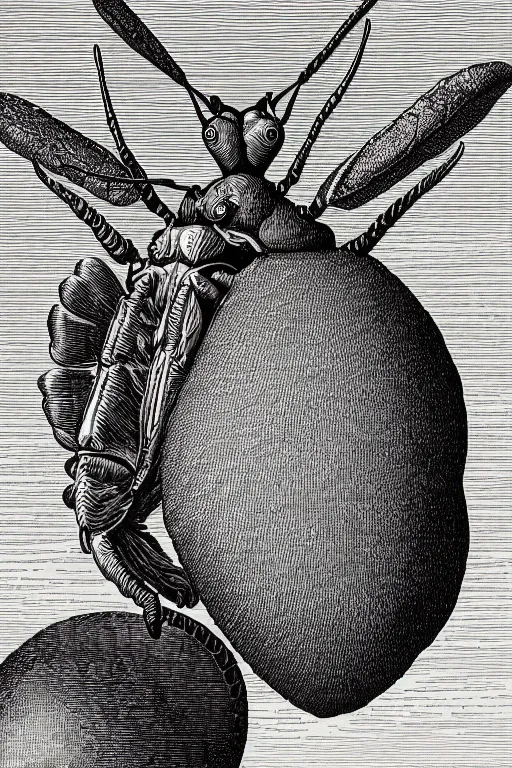 Prompt: a vibrant ultraclear sideview waist up portrait of hercules beetle by rene magritte and laurie greasley, etching by gustave dore, colorful flat surreal, ethereal, intricate, sharp focus, illustration, highly detailed, digital painting, concept art, masterpiece