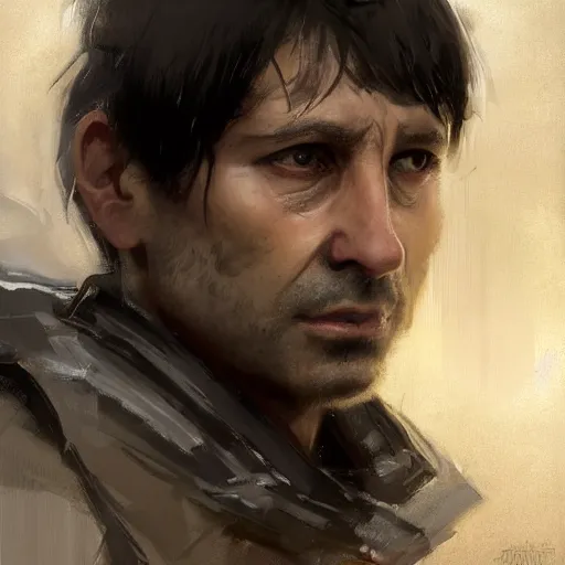 Image similar to Portrait of a man by Greg Rutkowski, he is about 40 years old, short black hair with bangs, his features are a mix between French, Turkish and Russian, expression of helplessness, sadness and resentment, he is wearing a futuristic tactical gear, highly detailed portrait, digital painting, artstation, concept art, smooth, sharp foccus ilustration, Artstation HQ.