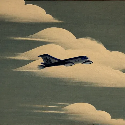 Prompt: Airplane flying in the clouds, Japanese style painting, highly detailed