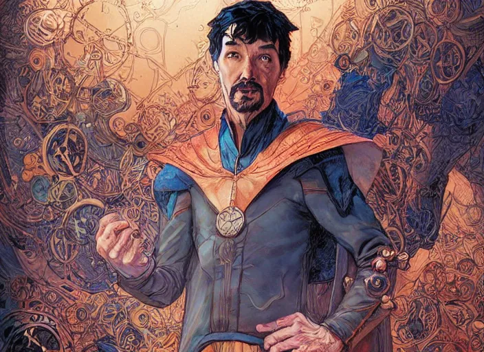 Prompt: a highly detailed comic portrait of stephen strange, james gurney, james jean