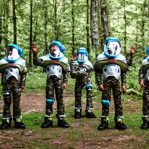 Prompt: a squad of space scouts wearing camo uniforms with white armor and helmets and a tall robot exploring a forest planet
