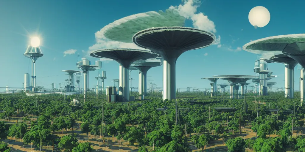 Prompt: giant solarpunk power station in the middle of the city, clear blue skies, sci - fi, plants, greenery, digital art by beeple