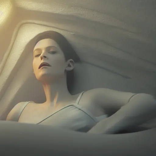 Image similar to a woman lying inside a hibernation pod, side view, in the style of blade runner, high tech, photoreal, dramatic lighting, unreal engine 5, octane rendering, ray tracing - w 1 0 2 4