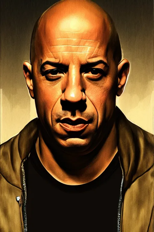 Image similar to vin diesel as walter white, realistic portrait, symmetrical, highly detailed, digital painting, artstation, concept art, smooth, sharp focus, illustration, cinematic lighting, art by artgerm and greg rutkowski and alphonse mucha