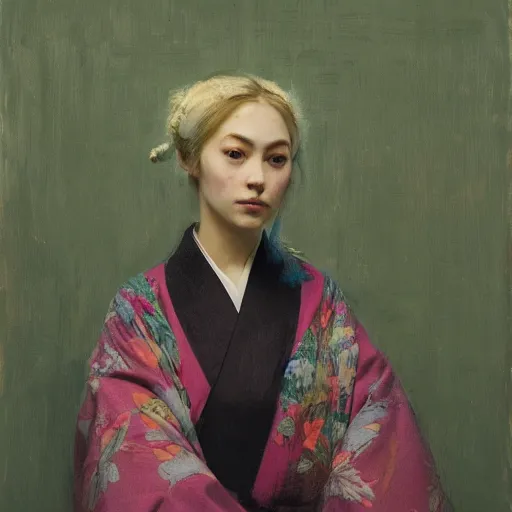 Image similar to girl with pigtails, in kimono, closeup portrait frontview, ethereal, jeremy lipking, tim rees, joseph todorovitch