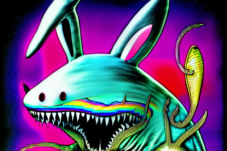 Image similar to a detailed digital art of a bunny disguised as a shark in the style of junji ito and moebius and giger, rainbow color scheme, ornate, photosynthetic,8k,award winning art,