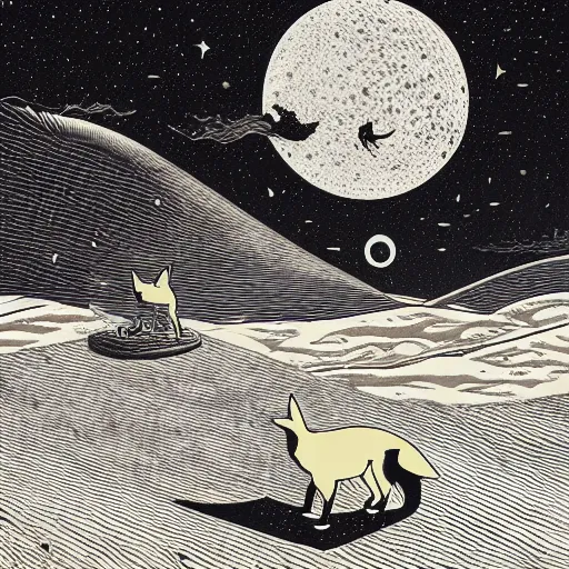 Prompt: a lone fox and a robot rover on the desert looking at the night sky by woodblock print, nicolas delort, moebius, victo ngai, josan gonzalez, kilian eng