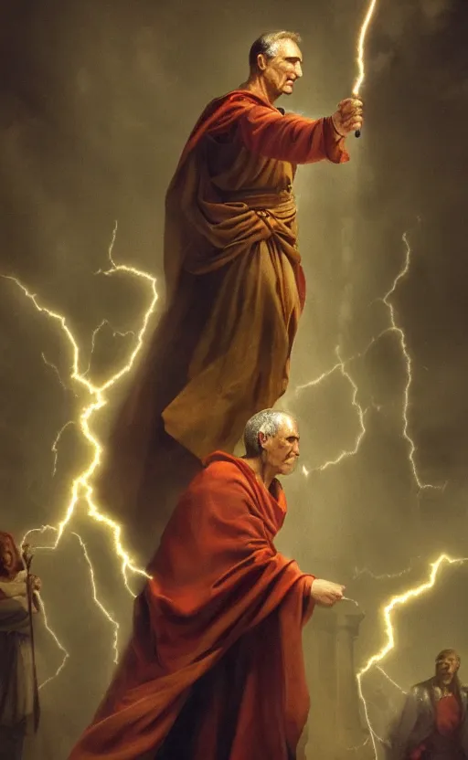 Image similar to Julius Caesar casting an electricity spell. Digital art trending on artstation. 4k. Tyndall effect.