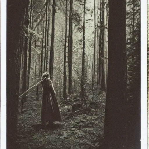 Prompt: A Polaroid from the 1980s of a witch in the woods doing something hunting