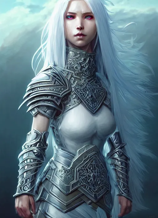 Image similar to warrior, light azure armor!!! long wild white hair!! covered chest!!! fantasy, d & d, intricate ornate details, digital painting, pretty face!!, symmetry, concept art, sharp focus, illustration, art by artgerm! greg rutkowski magali villeneuve wlop! ilya kuvshinov!!, octane render