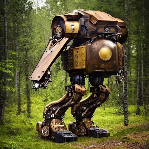 Prompt: steampunk colossal mech battle robot standing a swedish forest very low angle photograph trending on artstation. Highly detailed. Artstation. 3d render. Unreal engine. 4k. 8k. Hyperrealism.