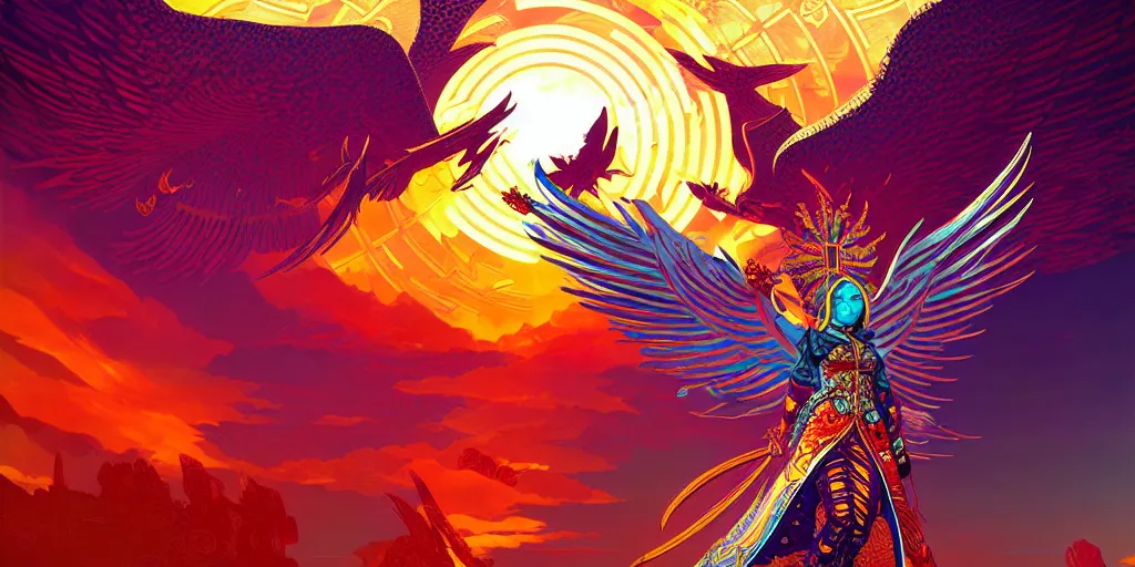 Image similar to guild wars 2, Phoenix, god rays, digital art, high detail by tristan eaton, victo ngai