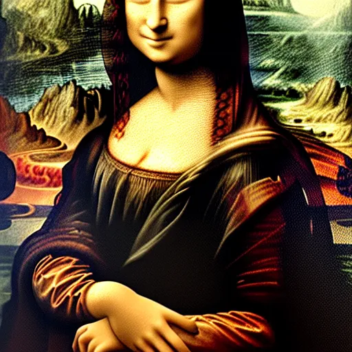 Image similar to The Mona Lisa as a beautiful black Girl . symmetrical, perfect body and face. dramatic angle, ornate, details, smooth, sharp focus, illustration, realistic, cinematic, artstation, award winning, rgb , unreal engine, octane render, cinematic light, macro, depth of field, blur, red light and clouds from the back, highly detailed epic cinematic concept art CG render made in Maya, Blender and Photoshop, octane render, excellent composition, dynamic dramatic cinematic lighting, aesthetic, very inspirational, arthouse by Leonardo da Vinci