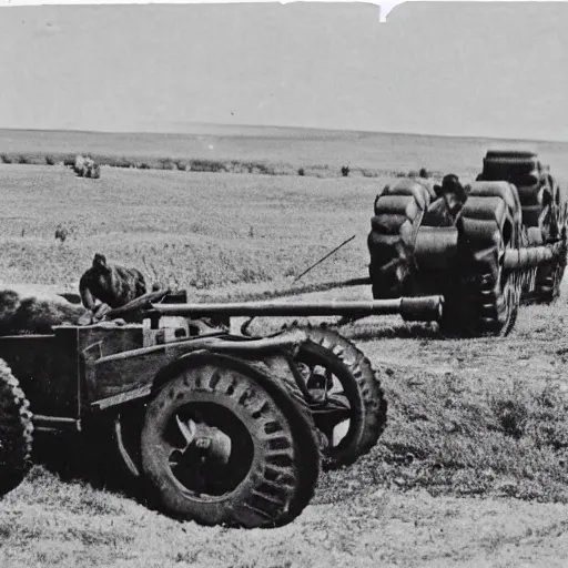 Image similar to a picture of a enormous bear pulling a towed canon on wheel behind him, eastern front, ww 2, historical picture