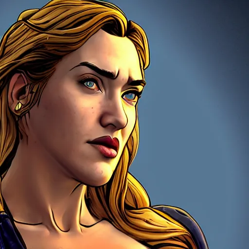 Prompt: kate winslet portrait, borderlands, tales from the borderlands, the wolf among us, comic, cinematic lighting, studio quality, 8 k