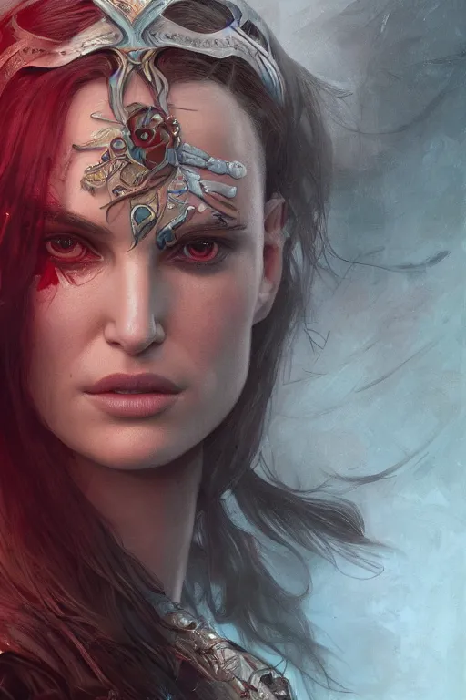Prompt: symmetry!! portrait of natalie portman in the style of god of war, machine parts embedded into face, intricate, elegant, highly detailed, digital painting, artstation, concept art, smooth, sharp focus, illustration, art by artgerm and greg rutkowski and alphonse mucha, 8 k
