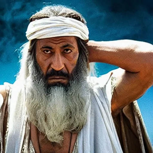 Image similar to Mediterranean man as Moses in a movie directed by Christopher Nolan, movie still frame, promotional image, imax 70 mm footage