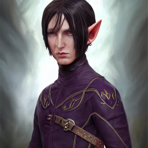 Prompt: oil painting a medieval fantasy tolkien elf, dark purplish hair tucked behind ears, wearing leather with a fur lined collar, wide face, muscular build, scar across the nose, cinematic, character art, l, detailed.
