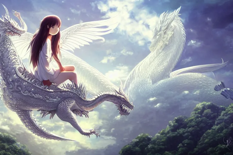 Image similar to the beautiful hyper detailed big scene render that a beautiful girl sitting on the back of a huge silver white dragon alone in fairyland surrounded by white clouds, finely detailed angelic face delicate features, style of studio ghibli, makoto shinkai, artgerm, karol bak, kazuki tanahashi, james jean, ross tran, xision, ultra wide angle