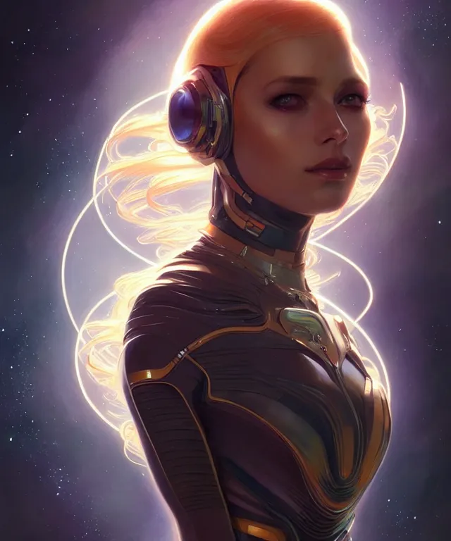 Prompt: futuristic space woman portrait, sci-fi, amber eyes, face, long hair, fantasy, intricate, elegant, highly detailed, digital painting, artstation, concept art, smooth, sharp focus, illustration, art by artgerm and greg rutkowski and alphonse mucha