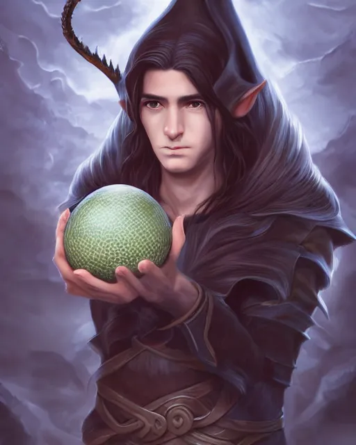 Image similar to portrait of elven boy mage with long black hair holding dragon egg by artgerm modern fantasy 4 k ultra high resolution