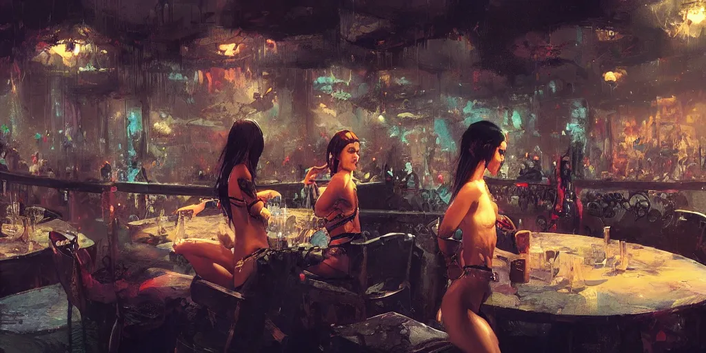 Image similar to Women hanging at the night club, Greg Rutkowski, Frank Frazetta, trending on Artstation, 8K, ultra wide angle, establishing shot, pincushion lens effect, zenith view