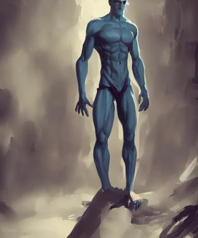 Image similar to a calm young adult male muscular slim blue elf with gey light clothes character design by greg rutkowski