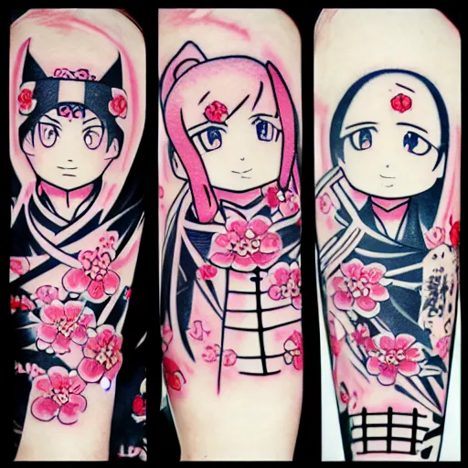 Image similar to japanese female samurai anime ninja schoolgirl, chibi, japanese anime girl Sakura flowers by Hayao Miyazaki, chibi ninja schoolgirl, kill me baby tattoo on upper arm