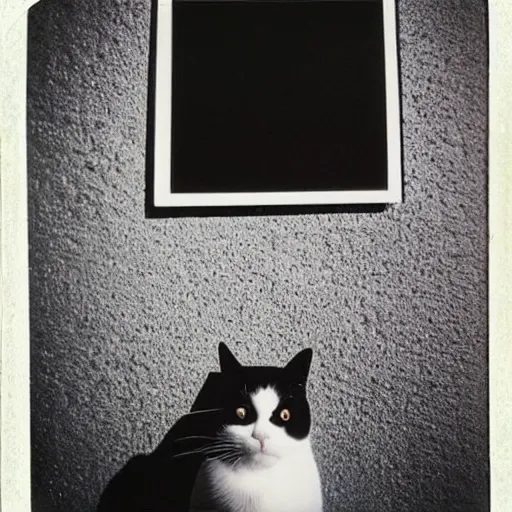 Image similar to wide - shot low - angle ant's eye view, sharp shadow!! of a cat!! only shadow on the wall in the street, polaroid photo, by andy warhol