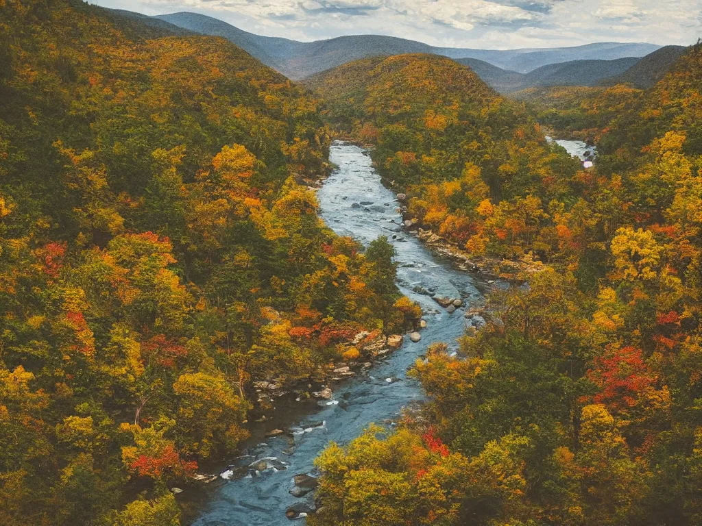 Image similar to “a river running through a canyon surrounded by mountains, a tilt shift photo by Frederic Church, trending on unsplash, hudson river school, photo taken with provia, national geographic photo, tilt shift”