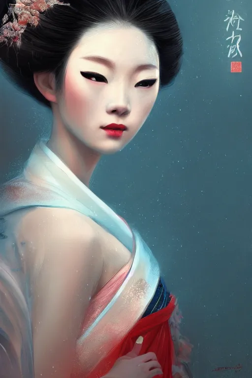 Image similar to geisha prima ballerina, gorgeous, ethereal, close-up portrait, intricate, elegant, volumetric lighting, scenery, digital painting, highly detailed, artstation, sharp focus, illustration, concept art, ruan jia, steve mccurry