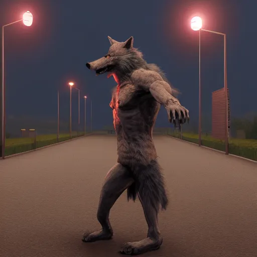 Prompt: werewolf from van helsing unreal engine hyperreallistic render 8k in an an empty parking lot at midnight lit by streetlamps